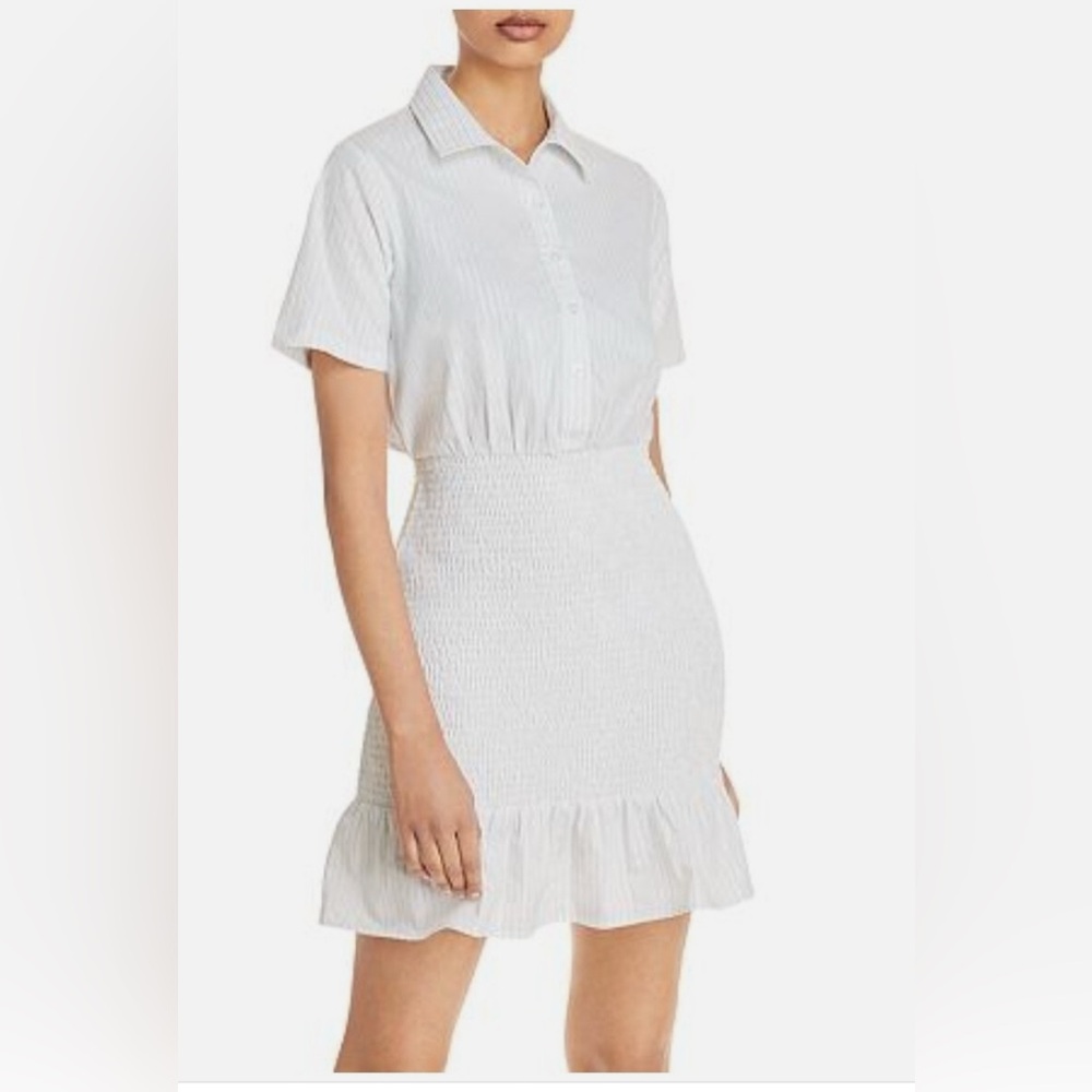 AQUA White and Blue Pinstripe Shirtdress with Smocked Skirt